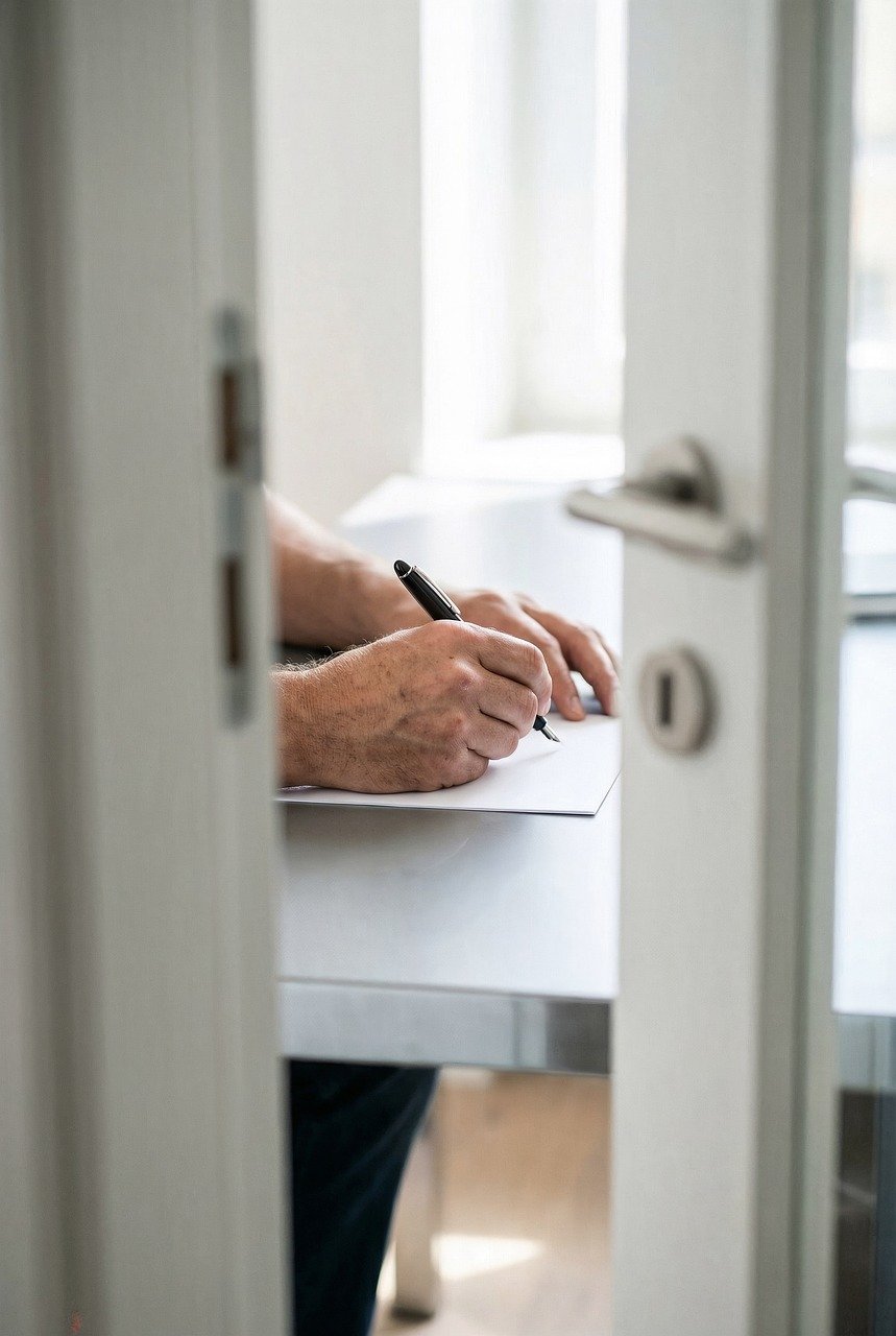 writing, hands, pen, paper, desk, office, document, work, focused, signature, door, perspective, interior, professional, creative, stationary, person, blurred, bright, minimalist, ai generated