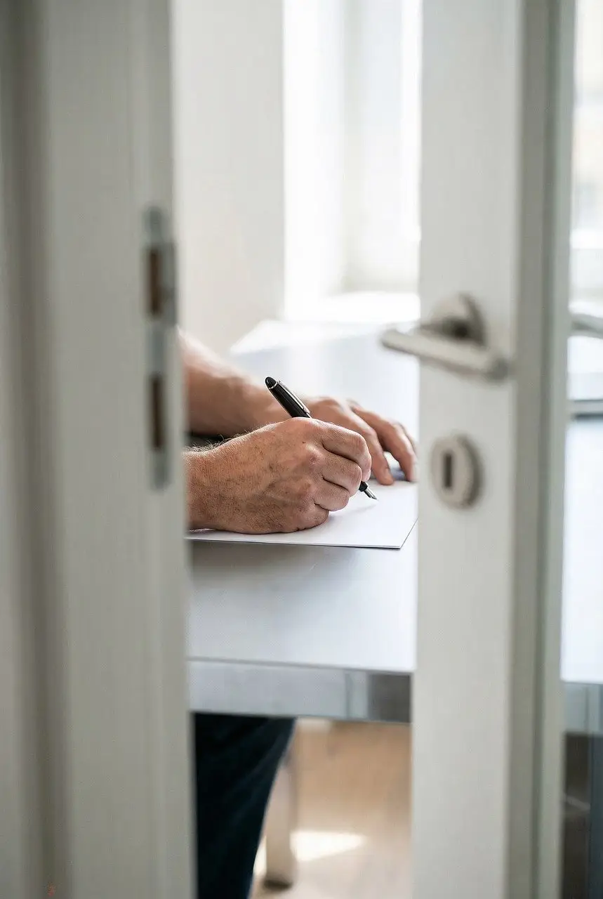 writing, hands, pen, paper, desk, office, document, work, focused, signature, door, perspective, interior, professional, creative, stationary, person, blurred, bright, minimalist, ai generated